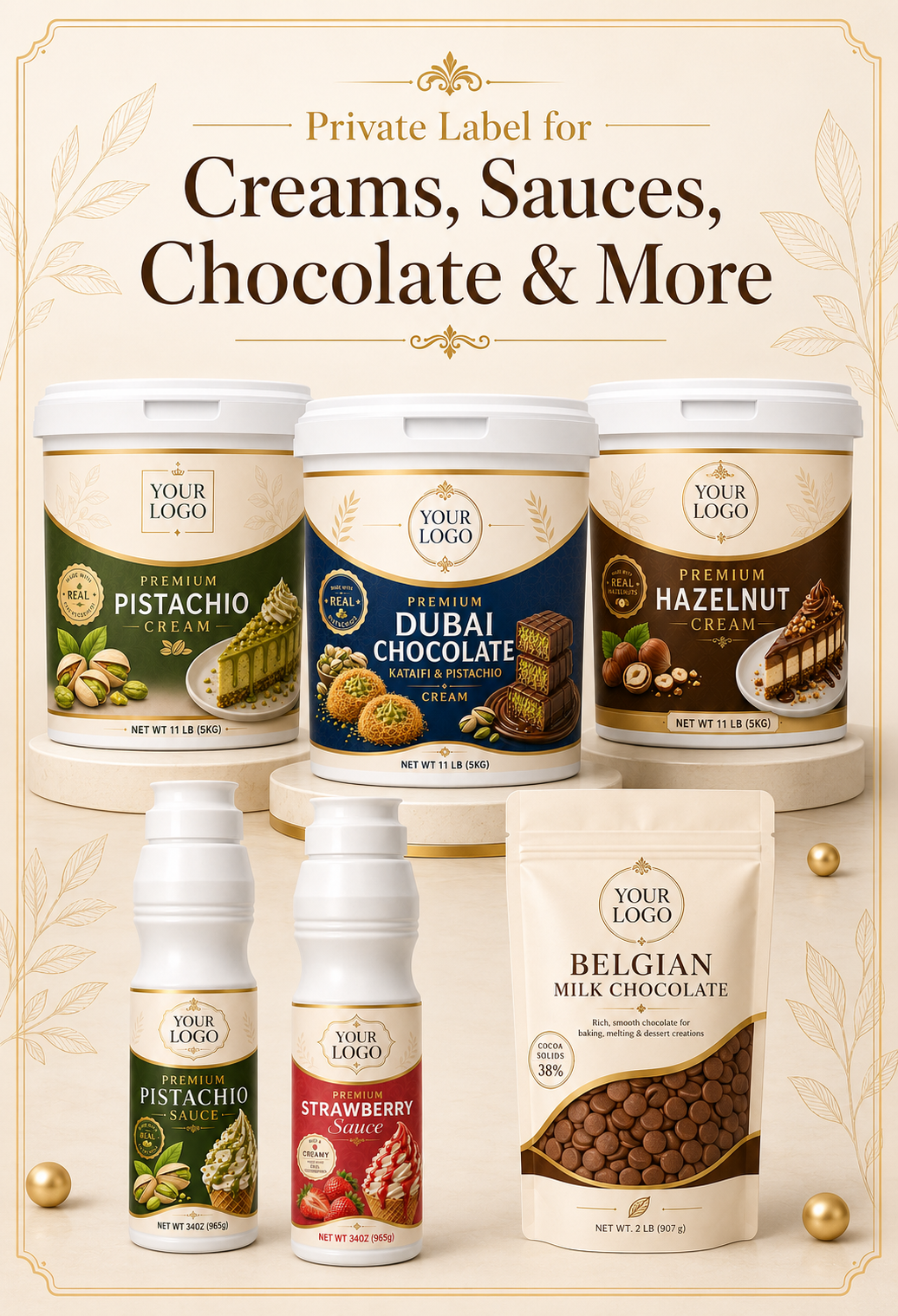 Create your own brand with private label pistachio sauce, dessert sauces, creams, spreads, and chocolate products for retail, wholesale, cafés, and distributors.