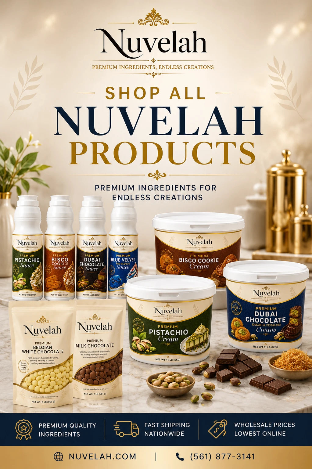 Shop Nuvelah Products including  pistachio sauce, creams, Dubai chocolate ingredients & more