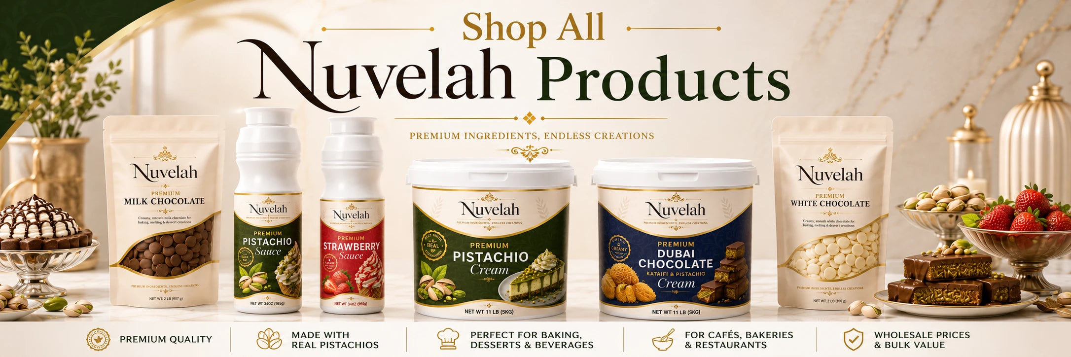 Explore Nuvelah Products including  pistachio sauce, creams, Dubai chocolate ingredients & more